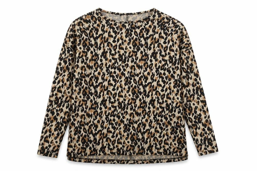 Front view of New Look women’s brown round neck animal print polyester jumper, size S