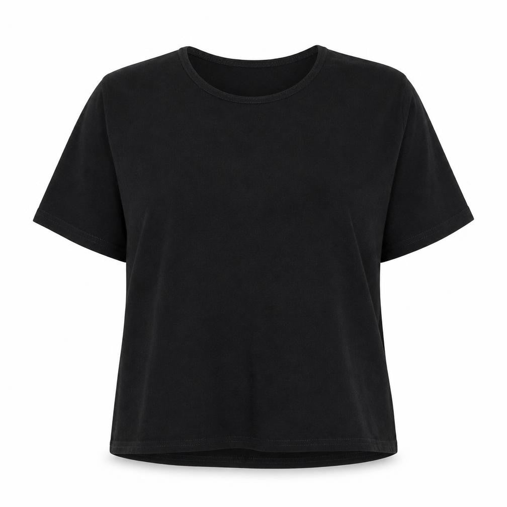 Front view of Essentials women’s black polyester jersey blouse, size UK 16, round neck