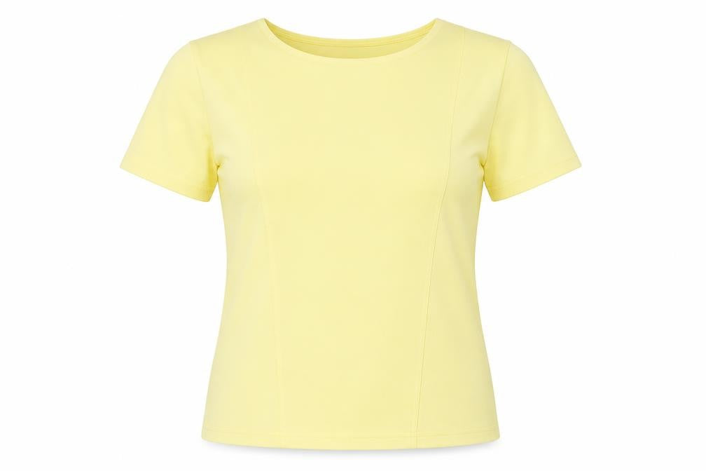 Front view of Bonmarché women’s yellow polyester basic blouse, size M, round neck