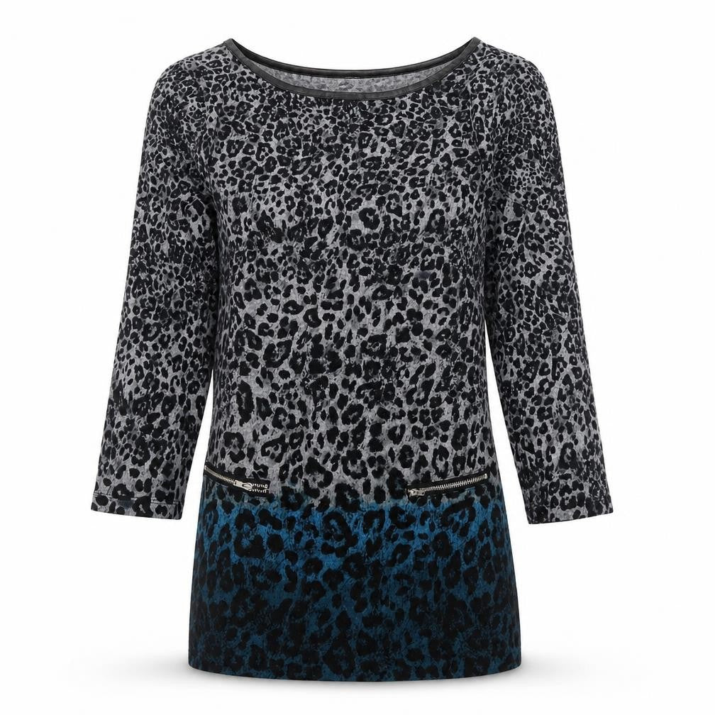 Front view of F&F women’s multicoloured round neck animal print polyester jumper, size UK 8
