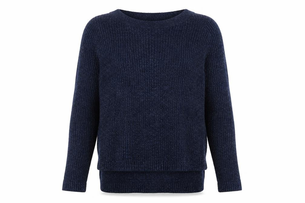Front view of H&M women’s blue round neck acrylic jumper, size S