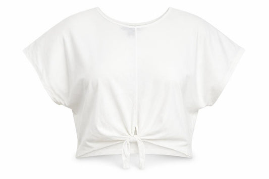 Front view of Primark women’s white polyester cropped t-shirt, size XS, round neck - tie front