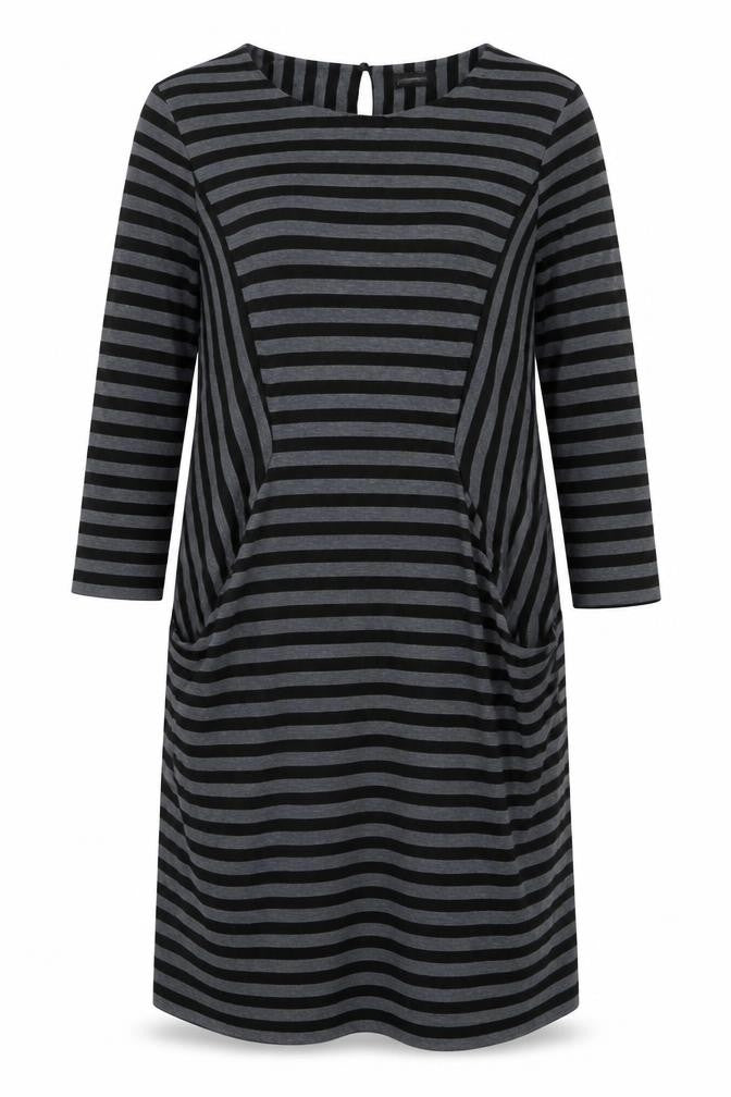 Front view of pomodoro women’s grey striped polyester a-line, size UK 14, crew neck button