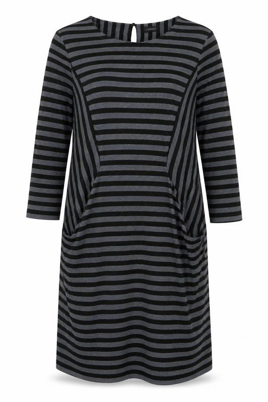 Front view of pomodoro women’s grey striped polyester a-line, size UK 14, crew neck button