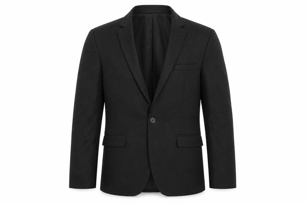 Front view of Moss London men’s grey polyester jacket suit jacket, size 34
