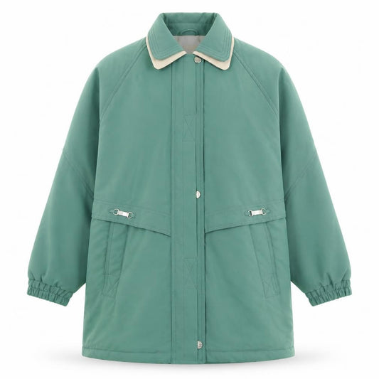 Front view of London Paris New York women’s green jacket coat, size UK 18, zip