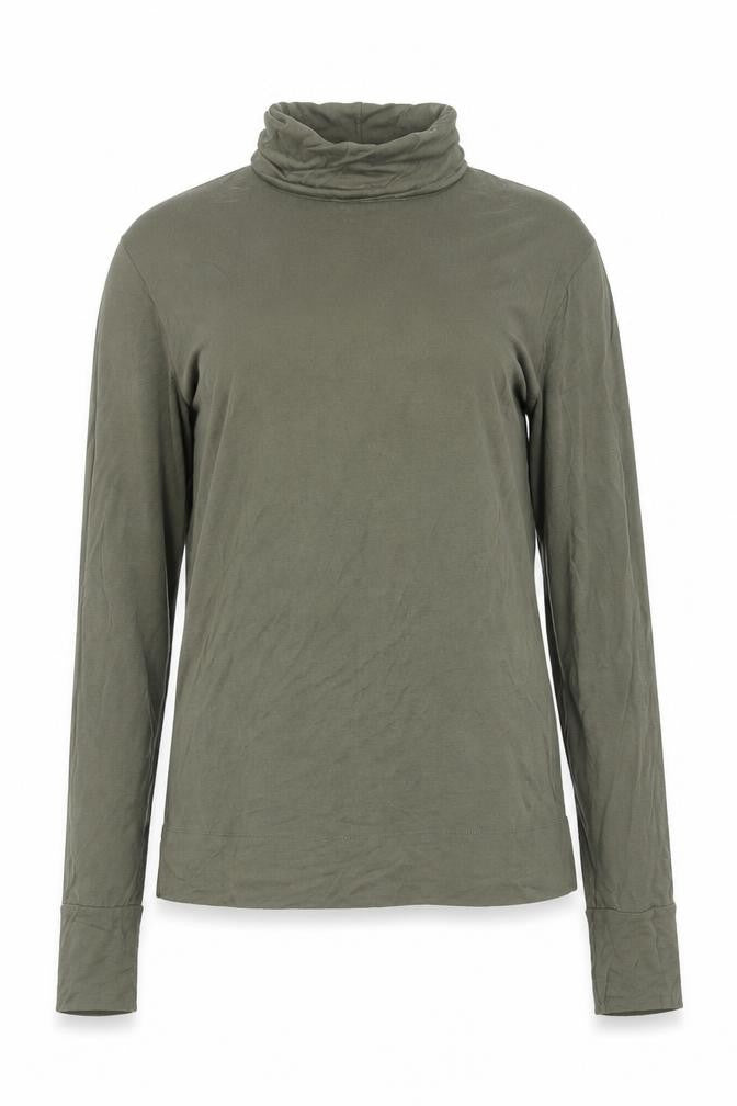 Front view of Mexx women’s green viscose basic t-shirt, size L, roll neck