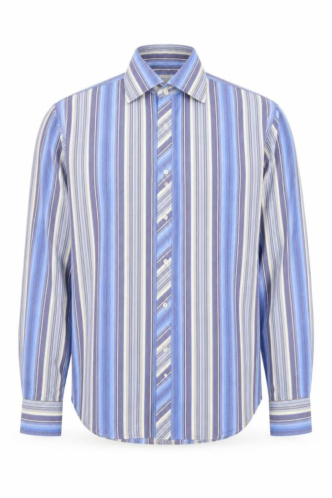 Front view of 2 Die 4 men’s blue striped cotton button-up, size L, collared button