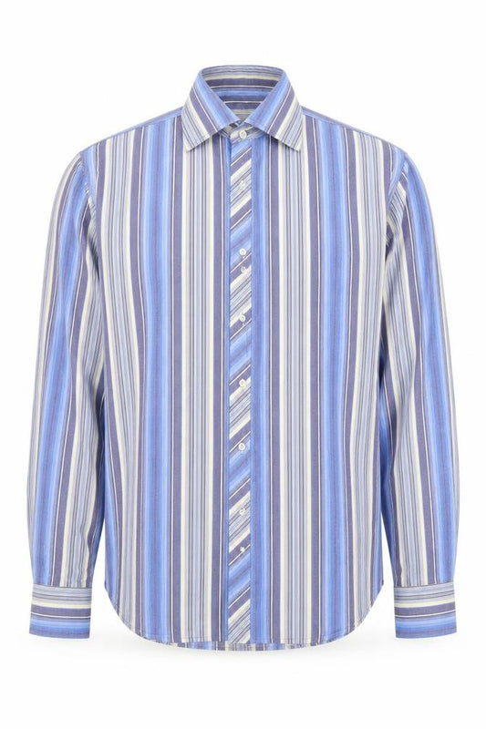 Front view of 2 Die 4 men’s blue striped cotton button-up, size L, collared button