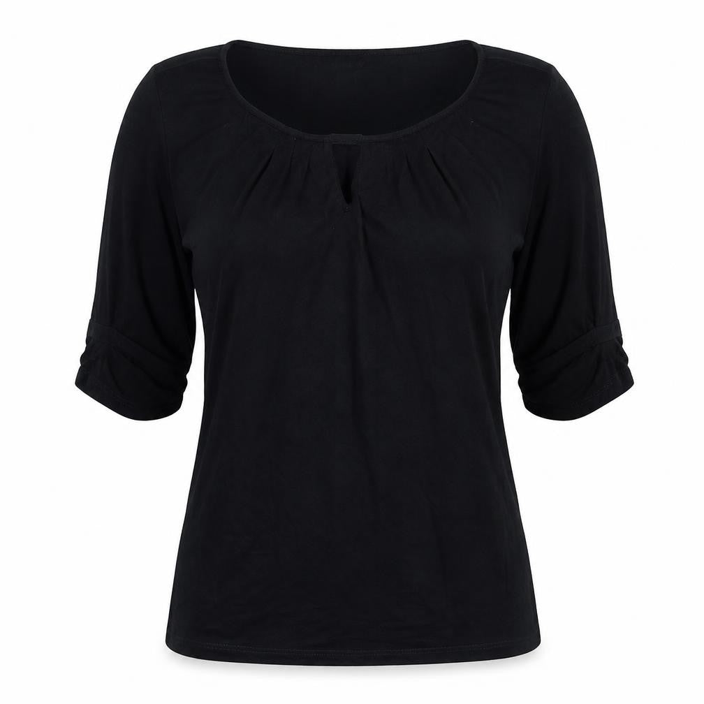 Front view of Cable & Gauge women’s black viscose basic t-shirt, size M, scoop neck