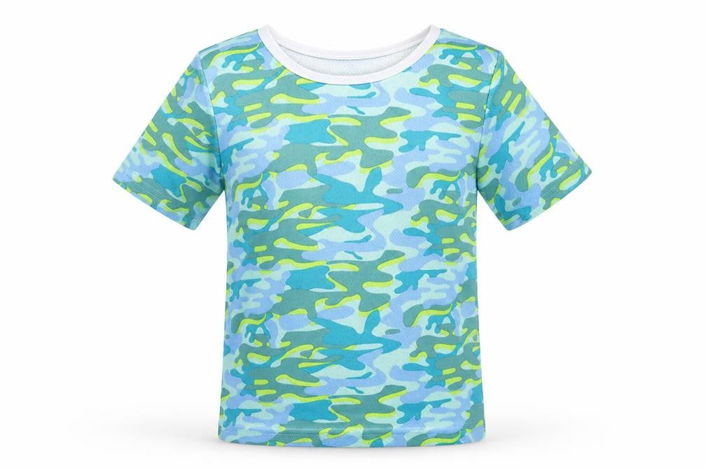 Front view of Pep&Co boys’ green camouflage 100% polyester pullover t-shirt, size 4-5, years crew neck pullover