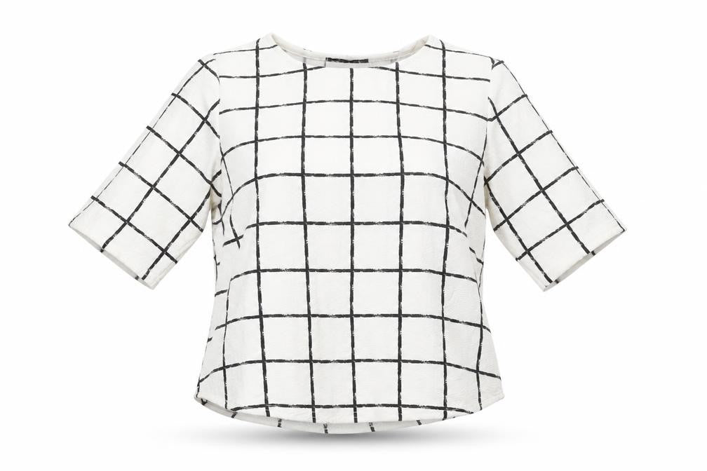 Front view of Select women’s white check polyester basic blouse, size UK 8, crew neck