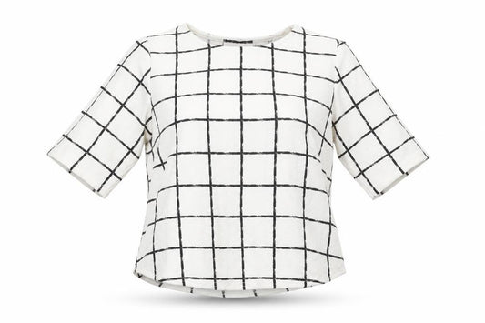 Front view of Select women’s white check polyester basic blouse, size UK 8, crew neck