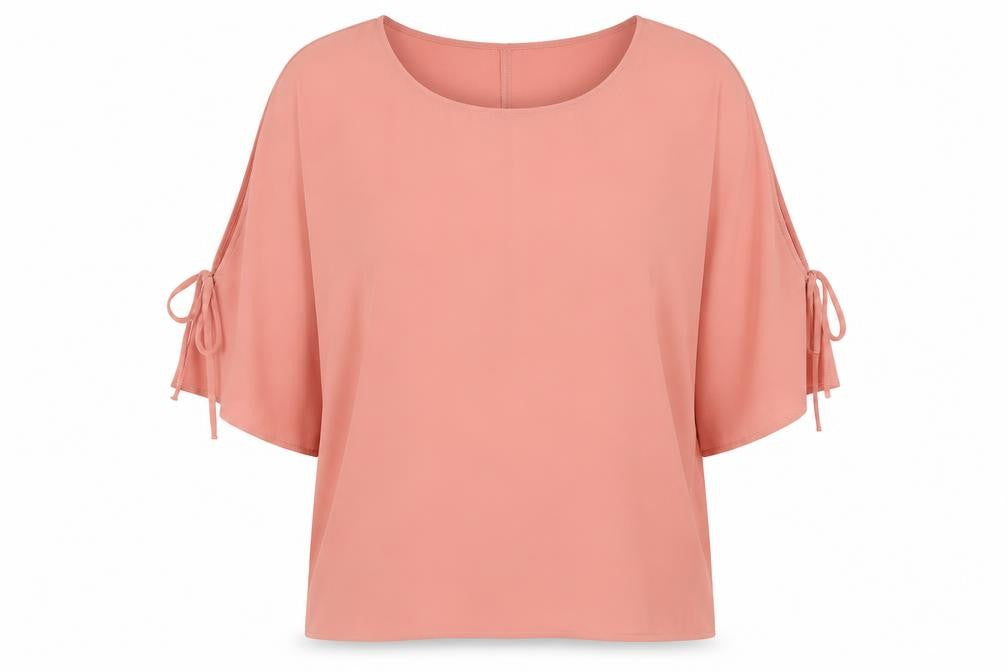 Front view of Dunnes women’s pink polyester basic blouse, size UK 16, boat neck - tie