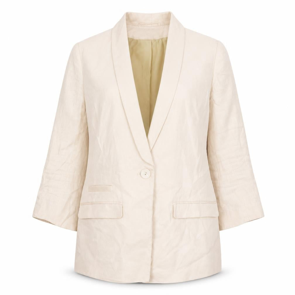 Front view of H&M women’s pink linen jacket blazer, size UK 8