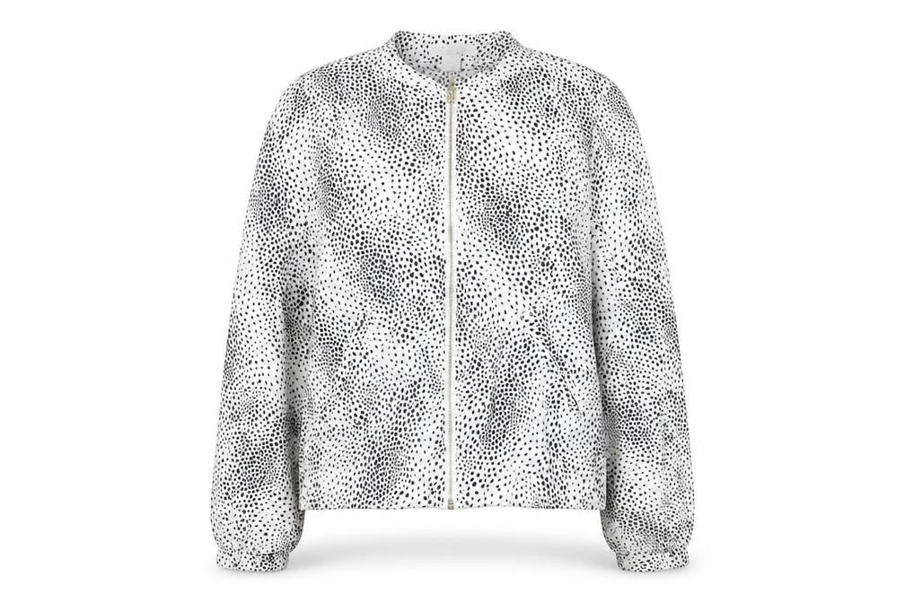 Front view of H&M women’s multicoloured animal print bomber jacket jacket, size UK 8