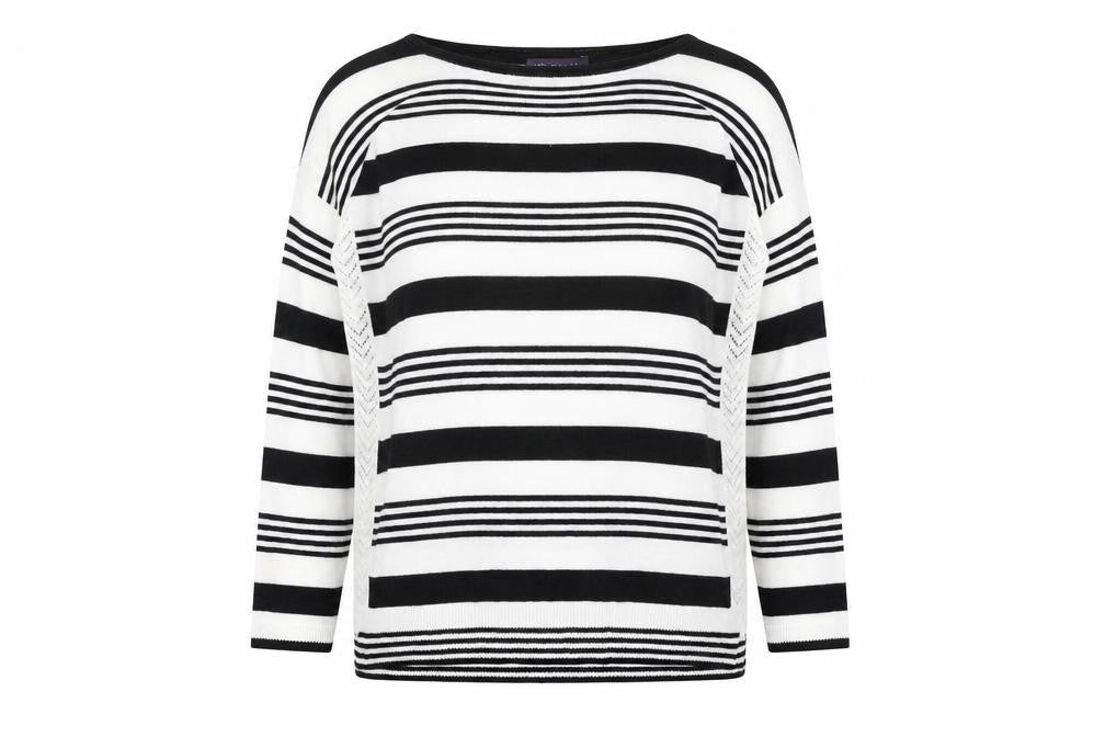 Front view of Marks & Spencer women’s multicoloured round neck striped acrylic jumper, size UK 14
