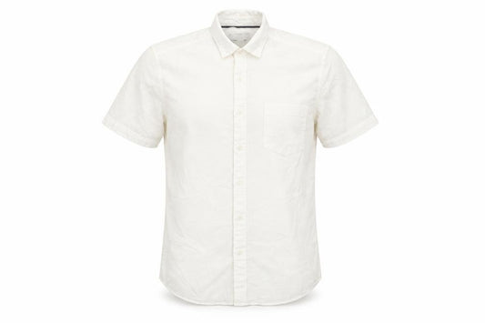 Front view of Topman men’s ivory cotton button-up, size S, collared button