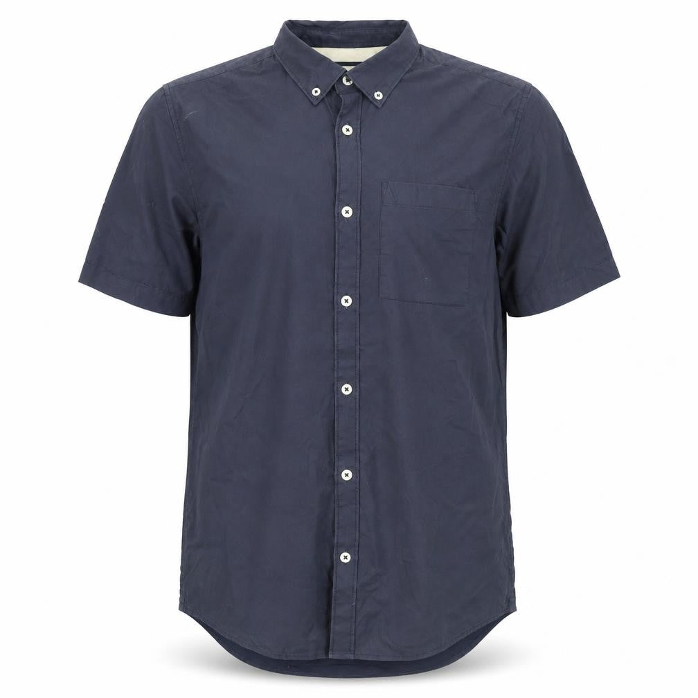 Front view of River Island men’s blue cotton button-up, size S, collared button