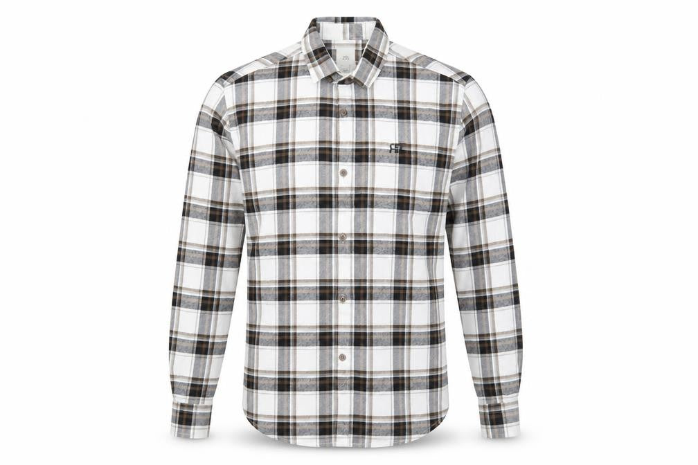 Front view of River Island men’s brown plaid cotton button-up, size S, collared button