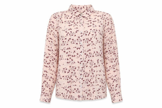 Front view of Pull&Bear women’s pink geometric polyester basic button-up, size M, collared - butterfly