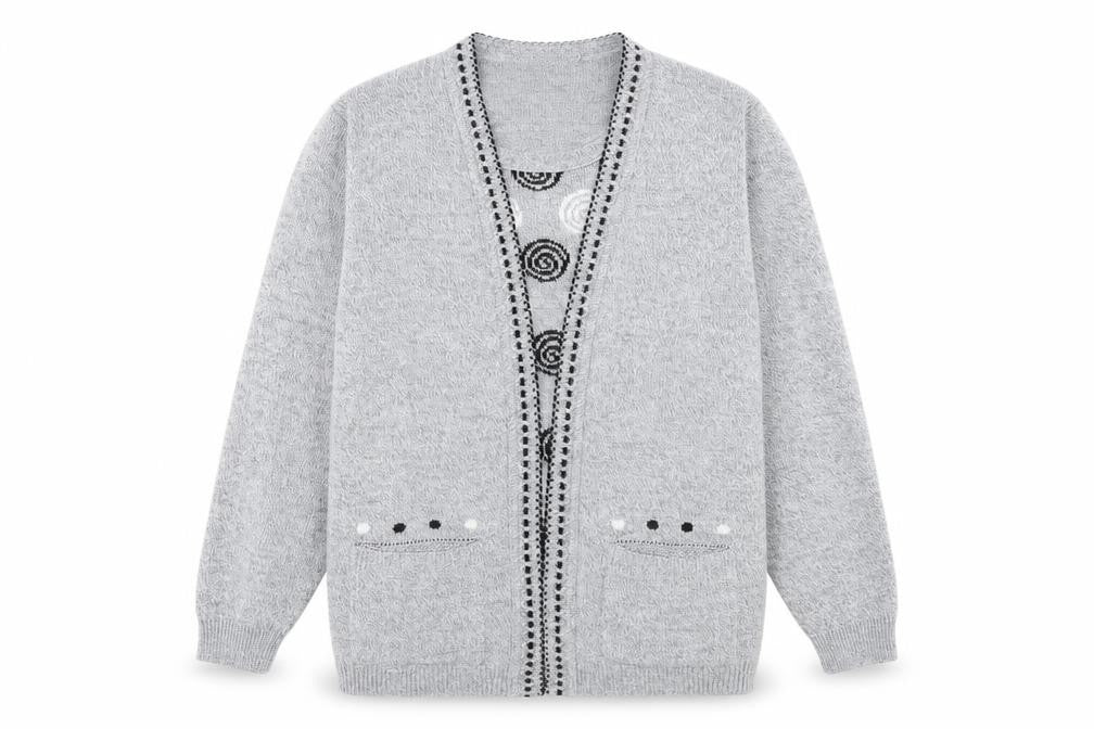 Front view of Envy women’s grey crew neck geometric acrylic jumper, size S