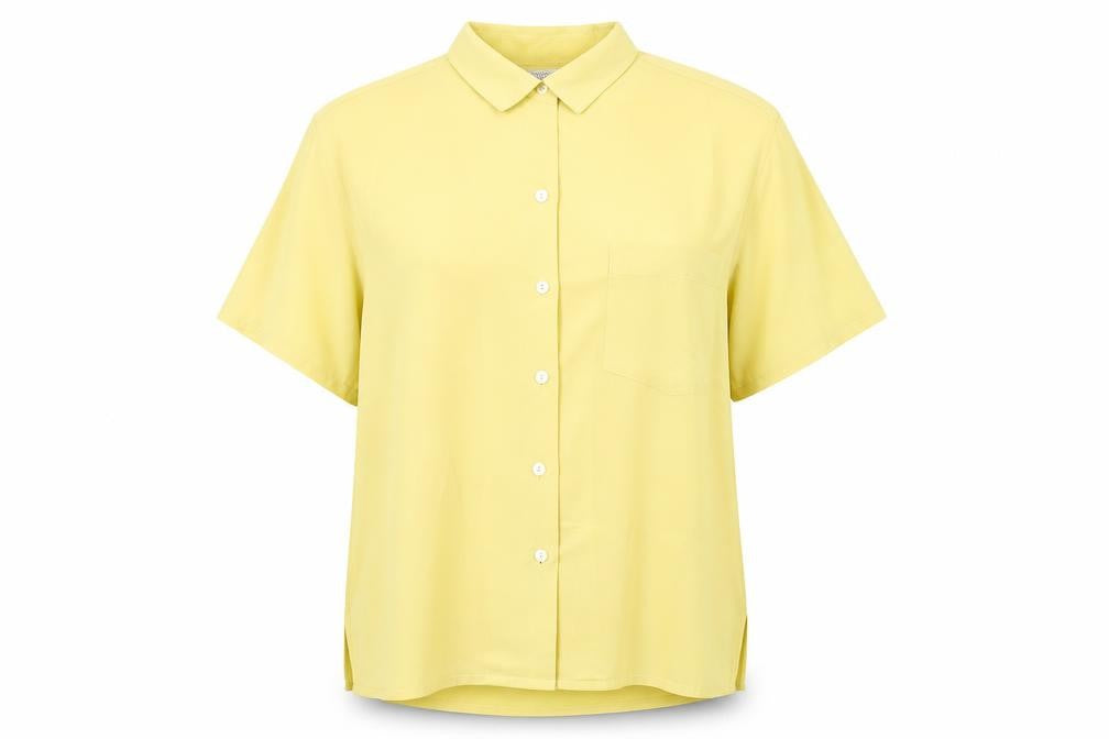 Front view of Complete Essentials women’s yellow polyester basic button-up, size L, collared