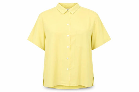 Front view of Complete Essentials women’s yellow polyester basic button-up, size L, collared