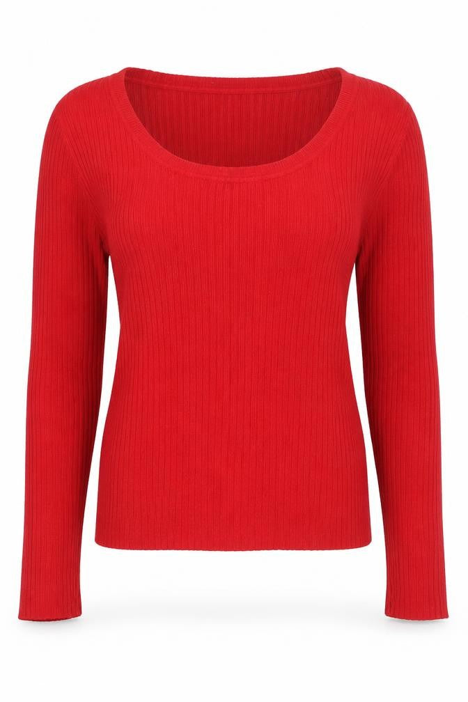 Front view of Atmosphere women’s red scoop neck viscose jumper, size UK 14