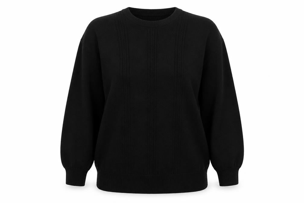 Front view of Vert Monde women’s black crew neck acrylic jumper, size L