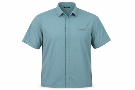 Front view of St Bernard men’s blue polyester button-up, size M, collared button