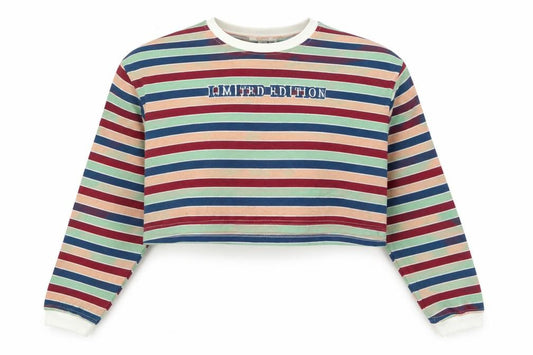 Front view of Missguided women’s multicoloured striped polyester cropped t-shirt, size UK 8, crew neck