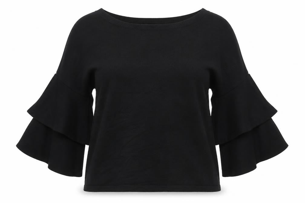 Front view of Marks & Spencer women’s black crew neck viscose jumper, size UK 8