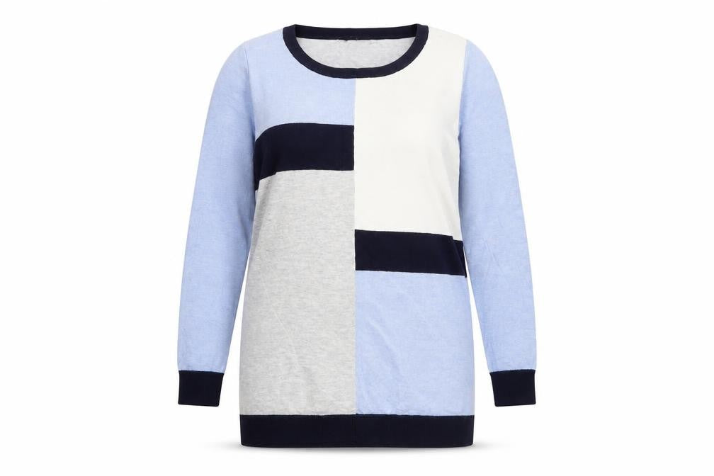 Front view of M&Co women’s blue crew neck viscose jumper, size UK 8