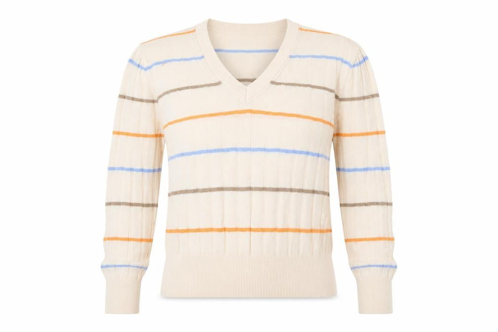 Front view of Marks & Spencer women’s beige v-neck striped viscose jumper, size S
