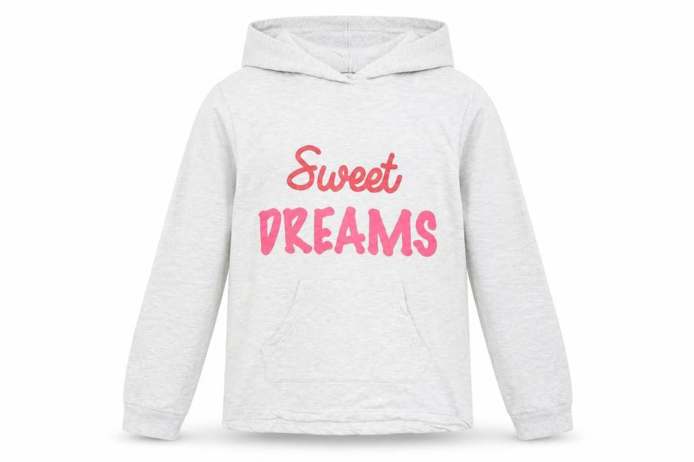 Front view of Peacocks girls’ grey cotton pullover hoodie, size 12-13, years pullover - sweet dreams
