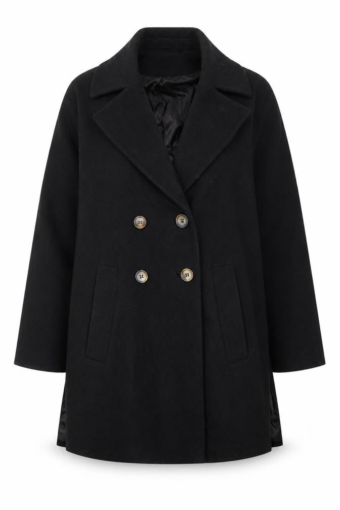 Front view of ASOS women’s black pea coat coat, size UK 4, button