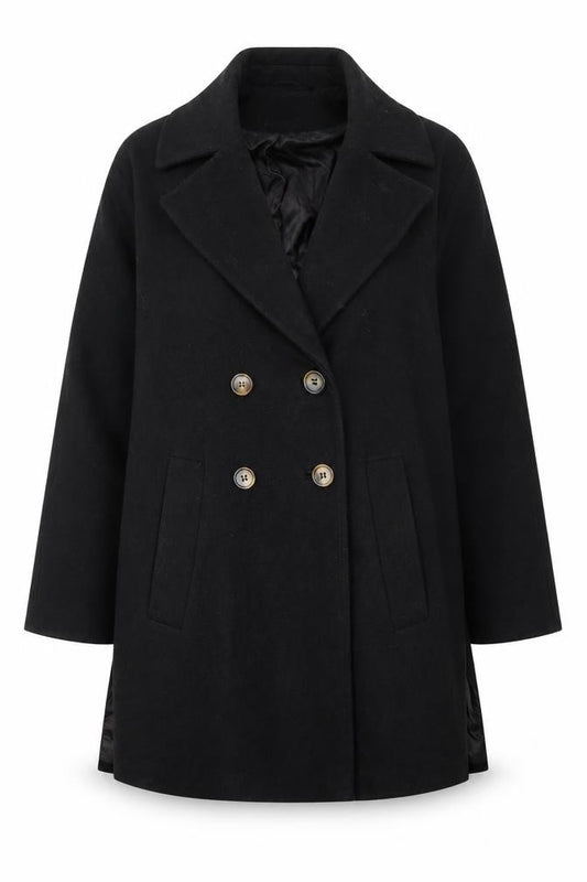 Front view of ASOS women’s black pea coat coat, size UK 4, button