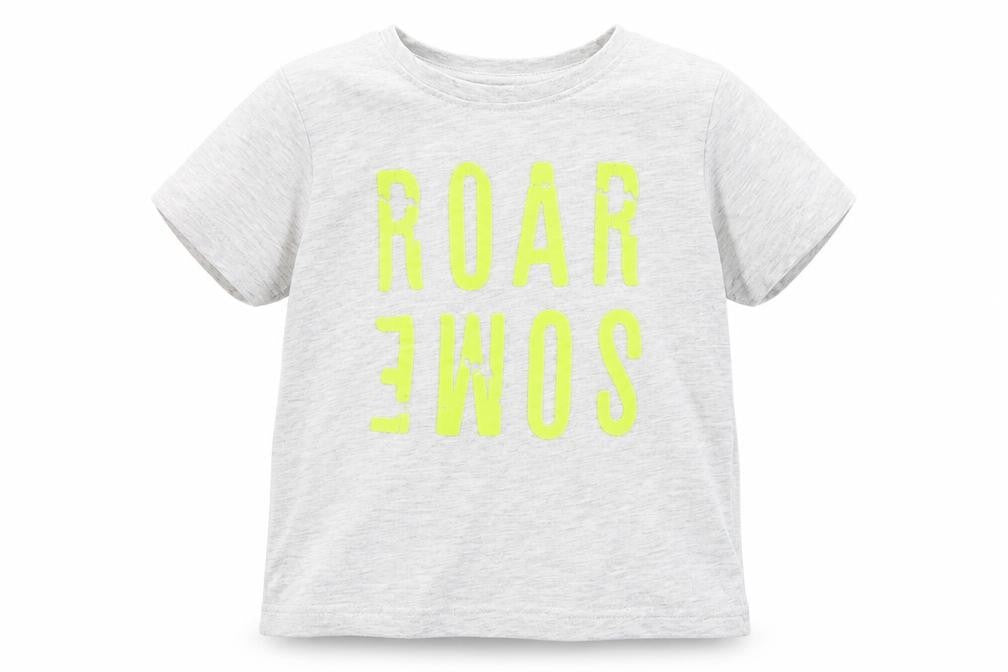 Front view of Primark boys’ grey cotton basic t-shirt, size 5-6, years round neck - roar-some