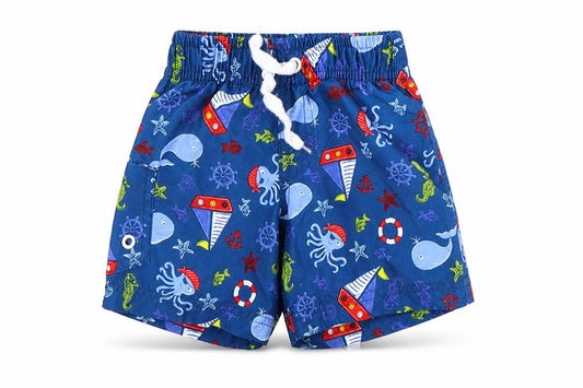 Front view of St Bernard boys’ multicoloured geometric polyester sweatpants, size 9-12, months - nautical swim shorts