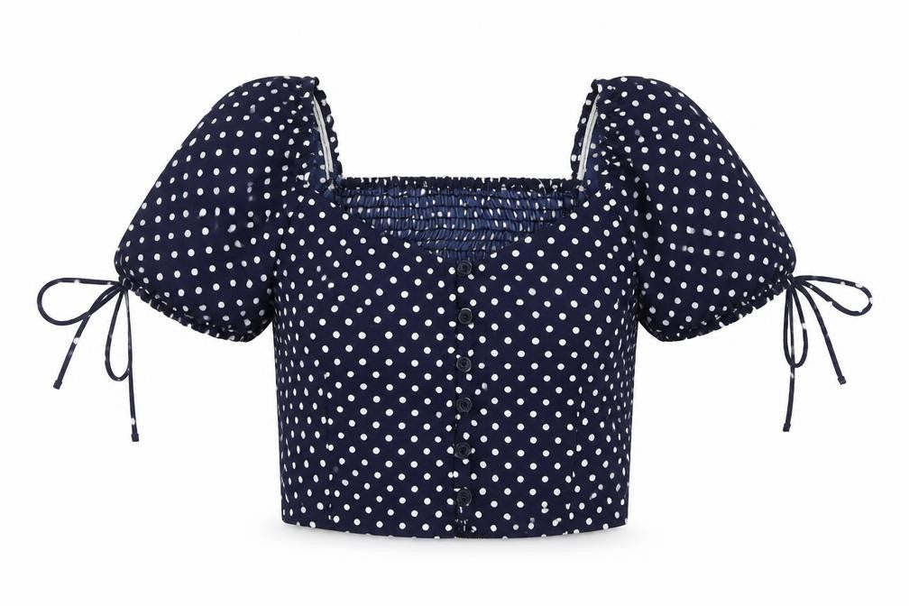 Front view of Chemistry women’s blue polka dot polyester basic blouse, size UK 8, square neck