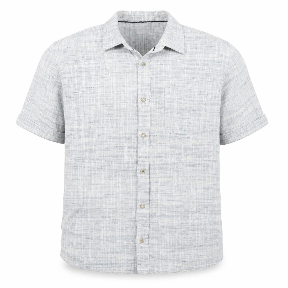Front view of Authentic men’s blue polyester button-up, size L, collared button