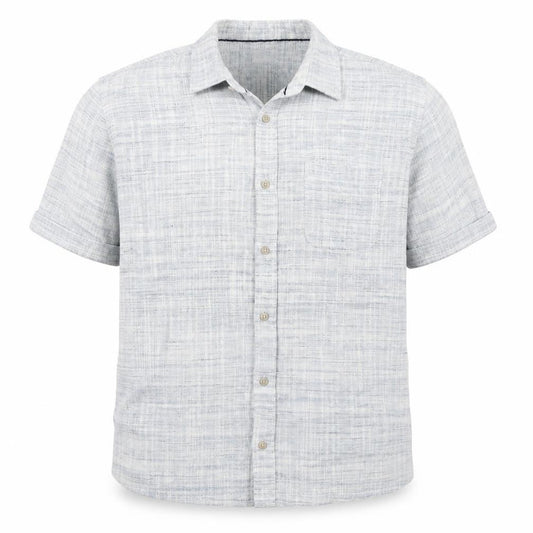 Front view of Authentic men’s blue polyester button-up, size L, collared button