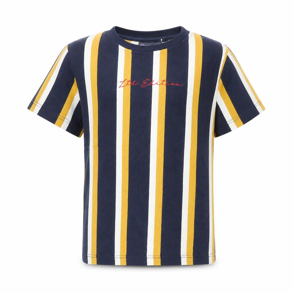 Front view of Next boys’ blue striped 100% cotton pullover polo, size 6, years crew neck pullover - 'ltd edition'