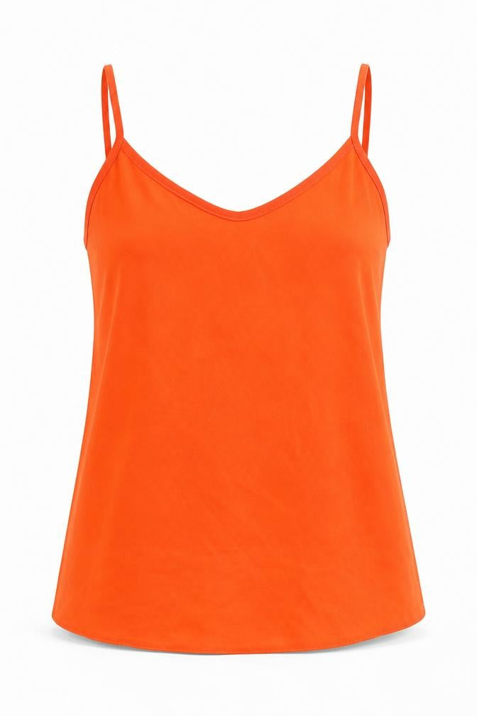 Front view of Exhibit women’s orange polyester camisole tank, size UK 8, v-neck