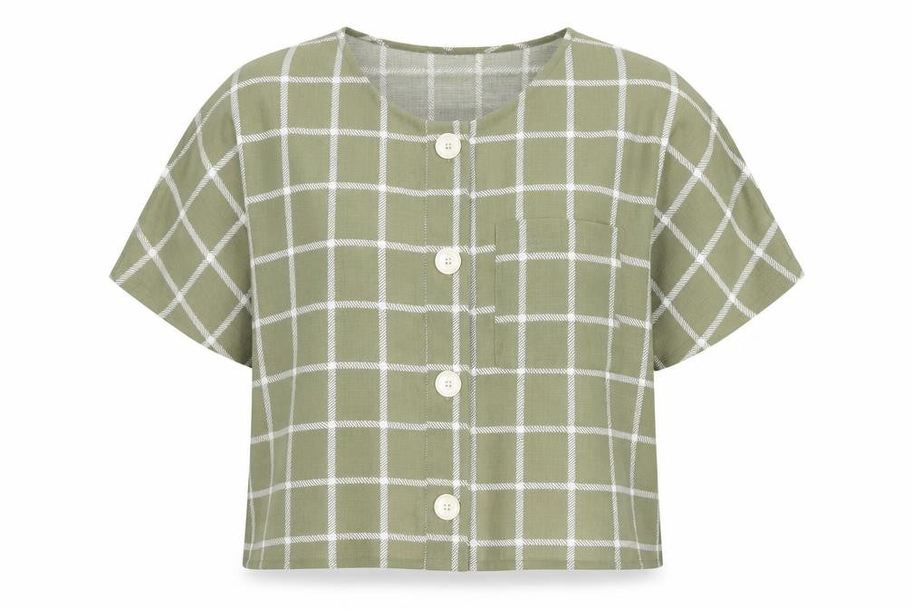 Front view of Primark women’s green check polyester basic blouse, size UK 6, round neck