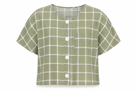 Front view of Primark women’s green check polyester basic blouse, size UK 6, round neck