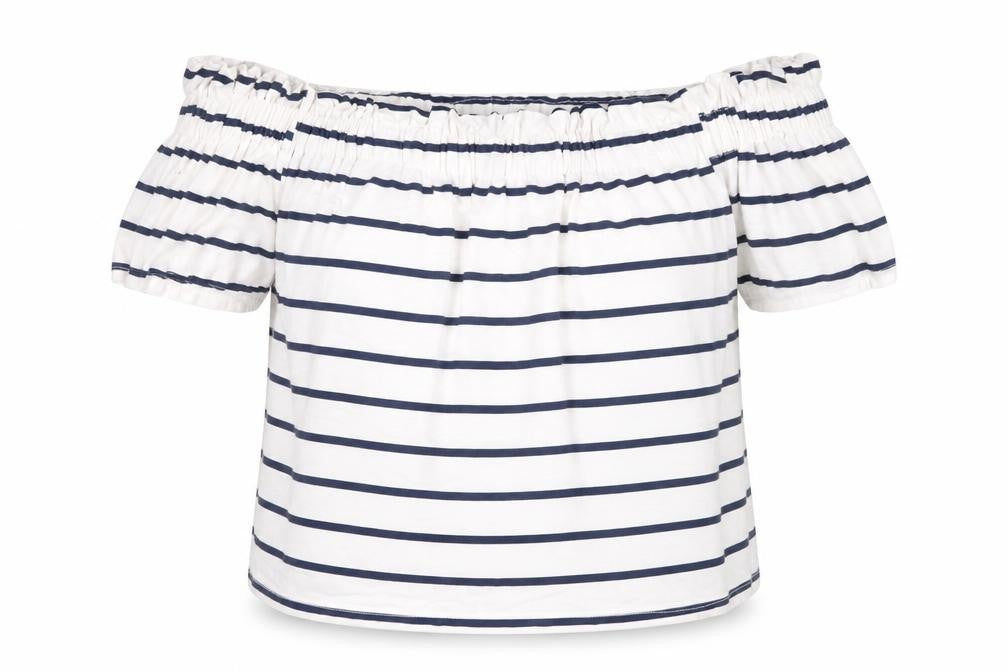 Front view of Primark women’s white striped viscose basic blouse, size UK 8, off the shoulder