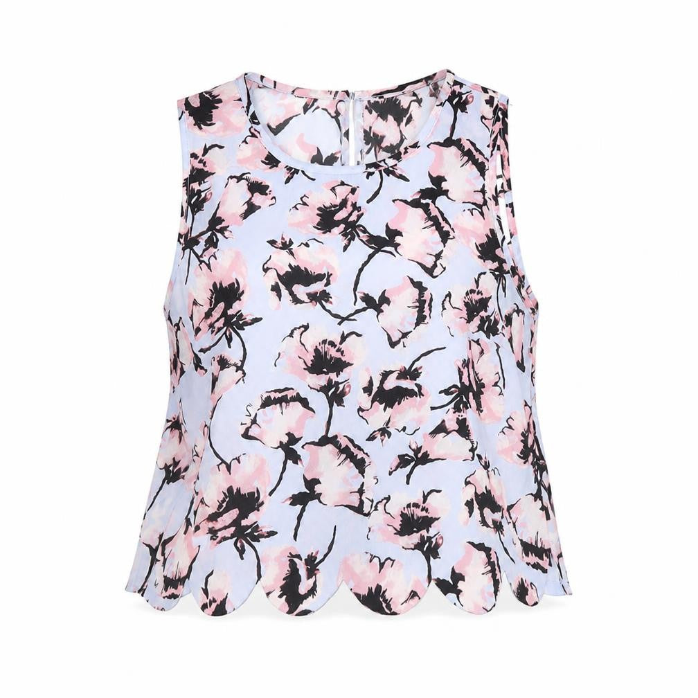 Front view of Miss Selfridge women’s blue floral polyester basic tank, size UK 6, round neck