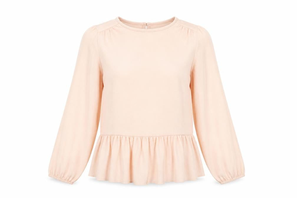 Front view of F&F women’s pink polyester basic blouse, size UK 10, crew neck